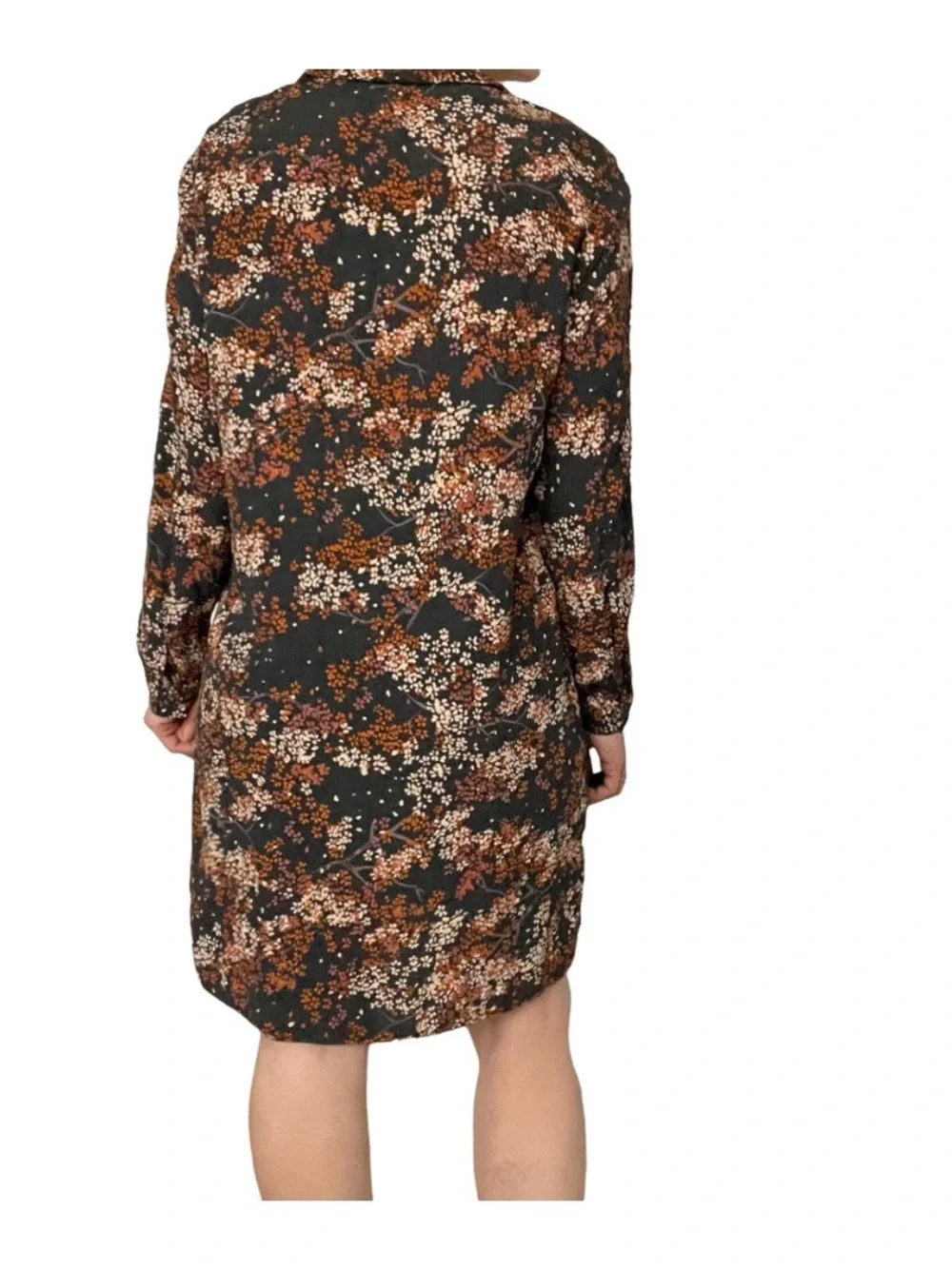Scotch & Soda Black Floral Button-Front Long Sleeve Dress with Rust Accents